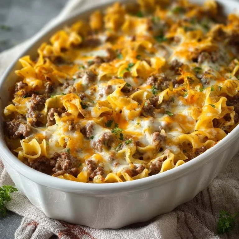 Delicious beef noodle casserole served in a dish, topped with cheese and herbs.