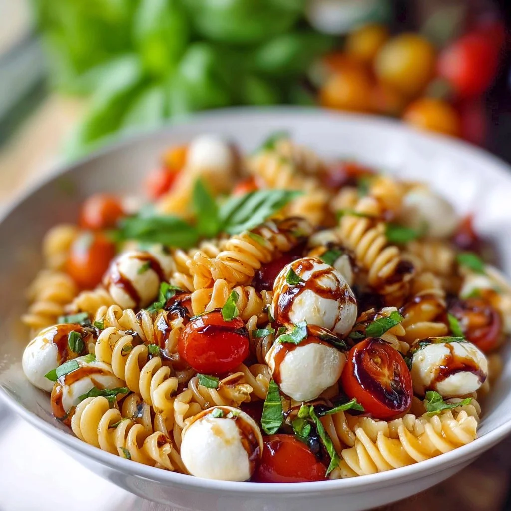 Caprese Pasta Salad topped with Balsamic Glaze and fresh ingredients