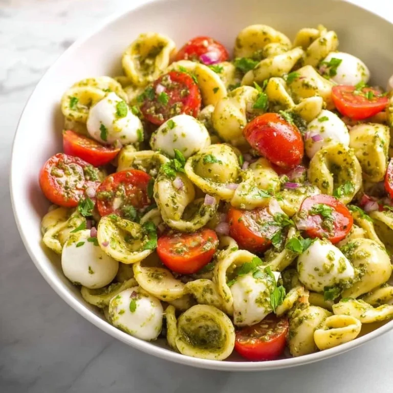 Delicious Caprese Pesto Pasta Salad with fresh basil, mozzarella, and cherry tomatoes.