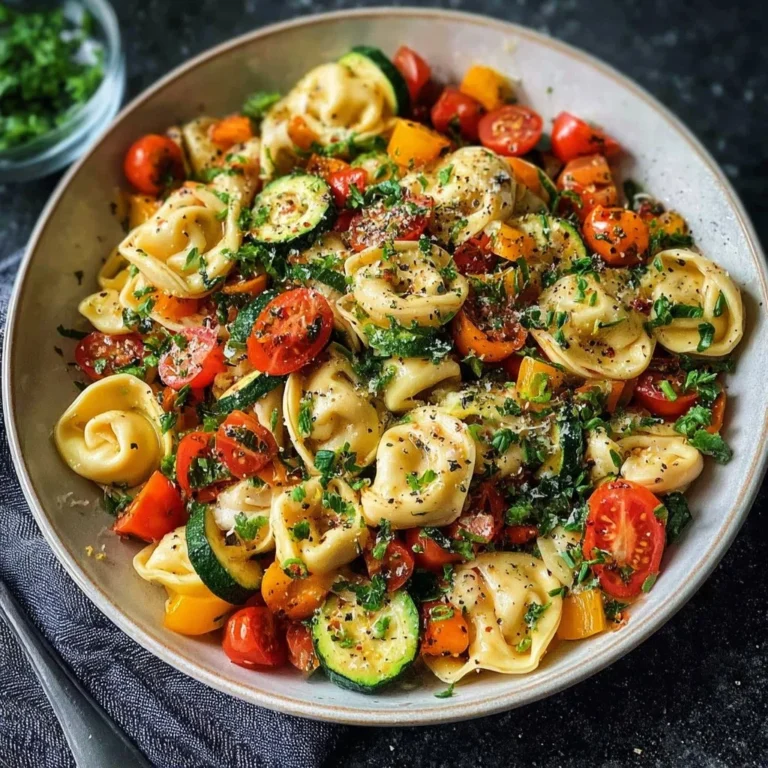Bowl of Cheese Tortellini with fresh vegetables and herbs