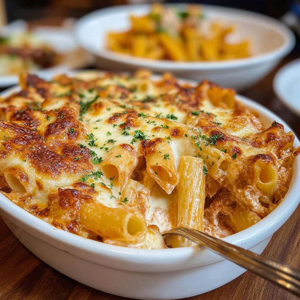 Cheesy baked rigatoni topped with melted cheese and herbs