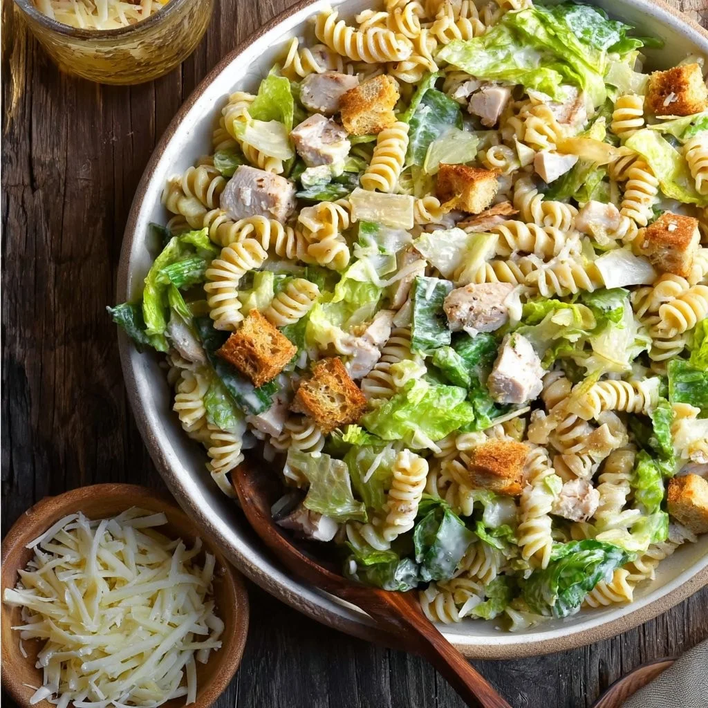 Delicious Chicken Caesar Pasta Salad with grilled chicken and romaine lettuce.