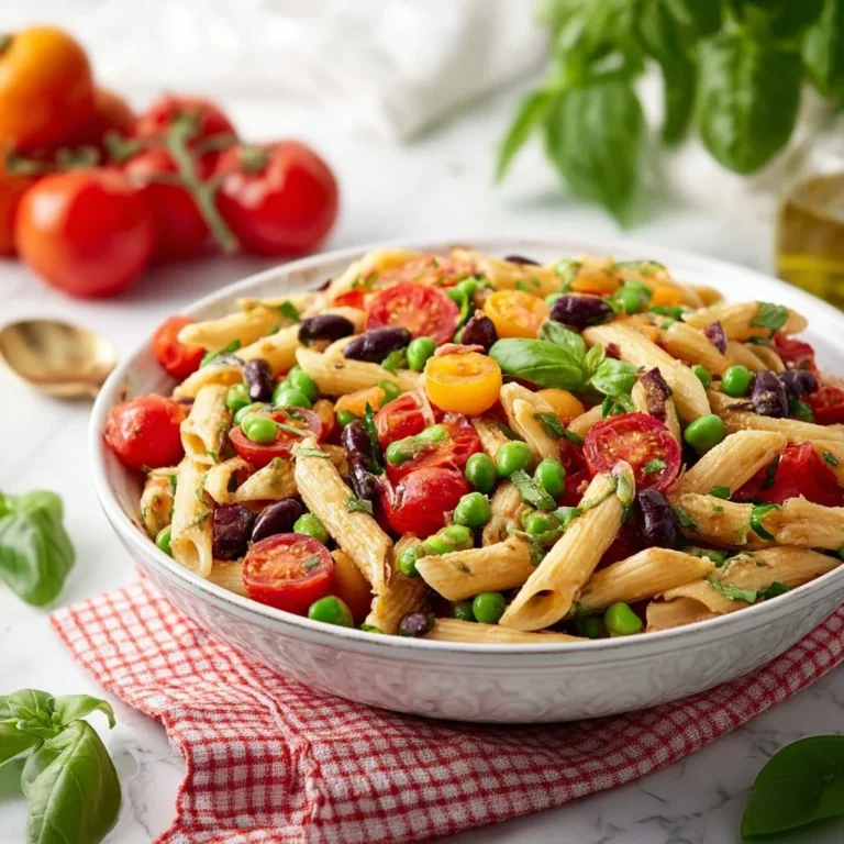 Cold high protein vegan pasta salad with fresh vegetables and dressing