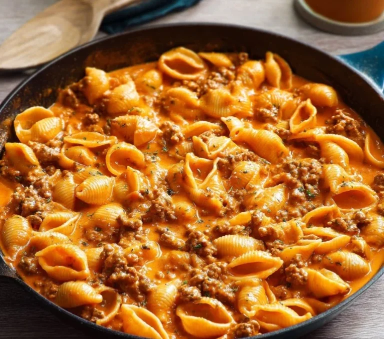 Creamy beef and shells pasta served on a plate with fresh herbs