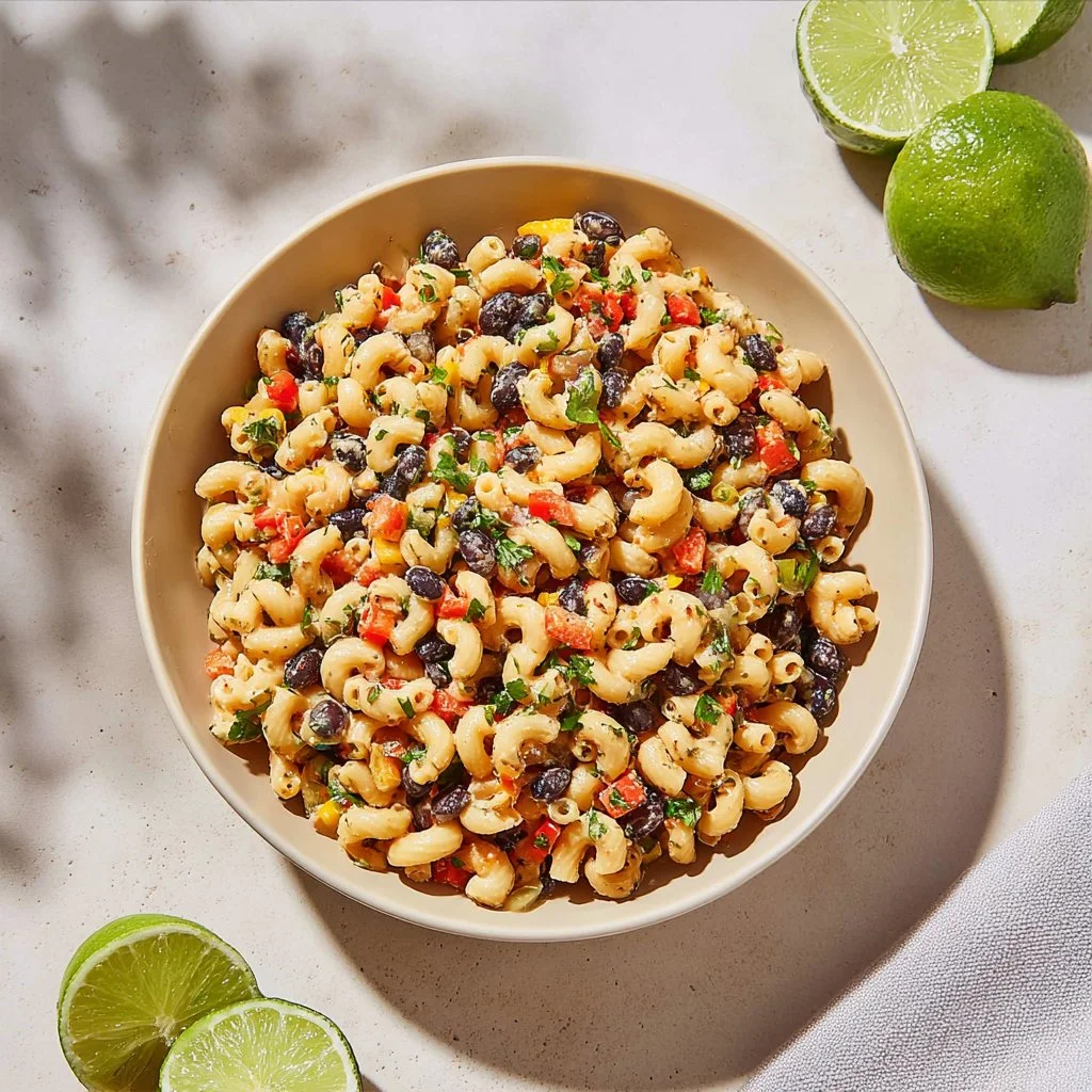 Creamy vegan chipotle pasta salad in a bowl with fresh ingredients