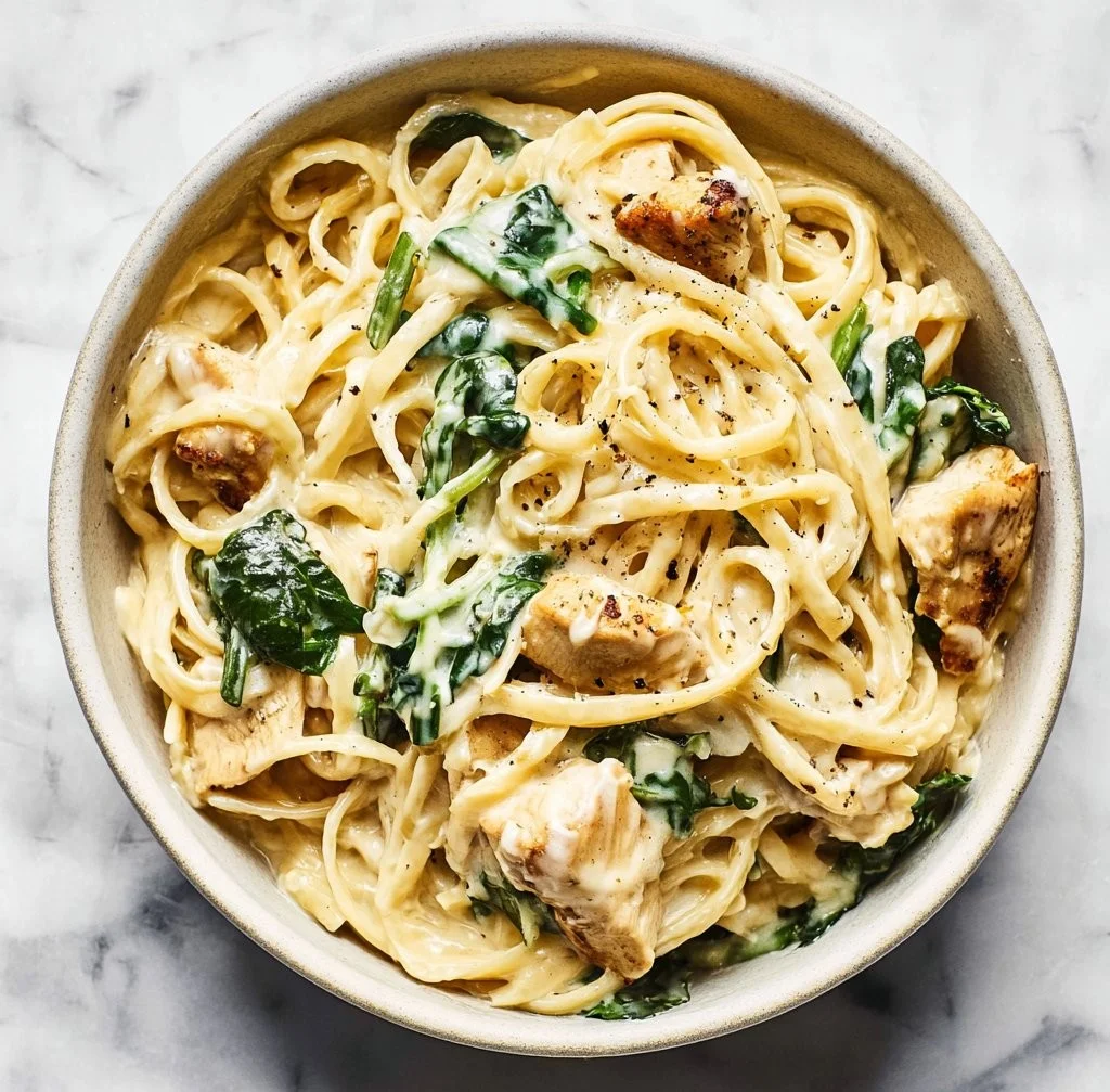 Dairy Free Chicken Alfredo served with cauliflower sauce on a plate