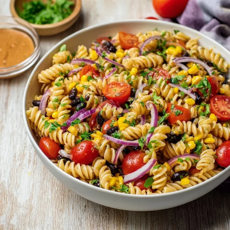 Bowl of colorful vegan Southwest pasta salad with fresh vegetables and dressing.