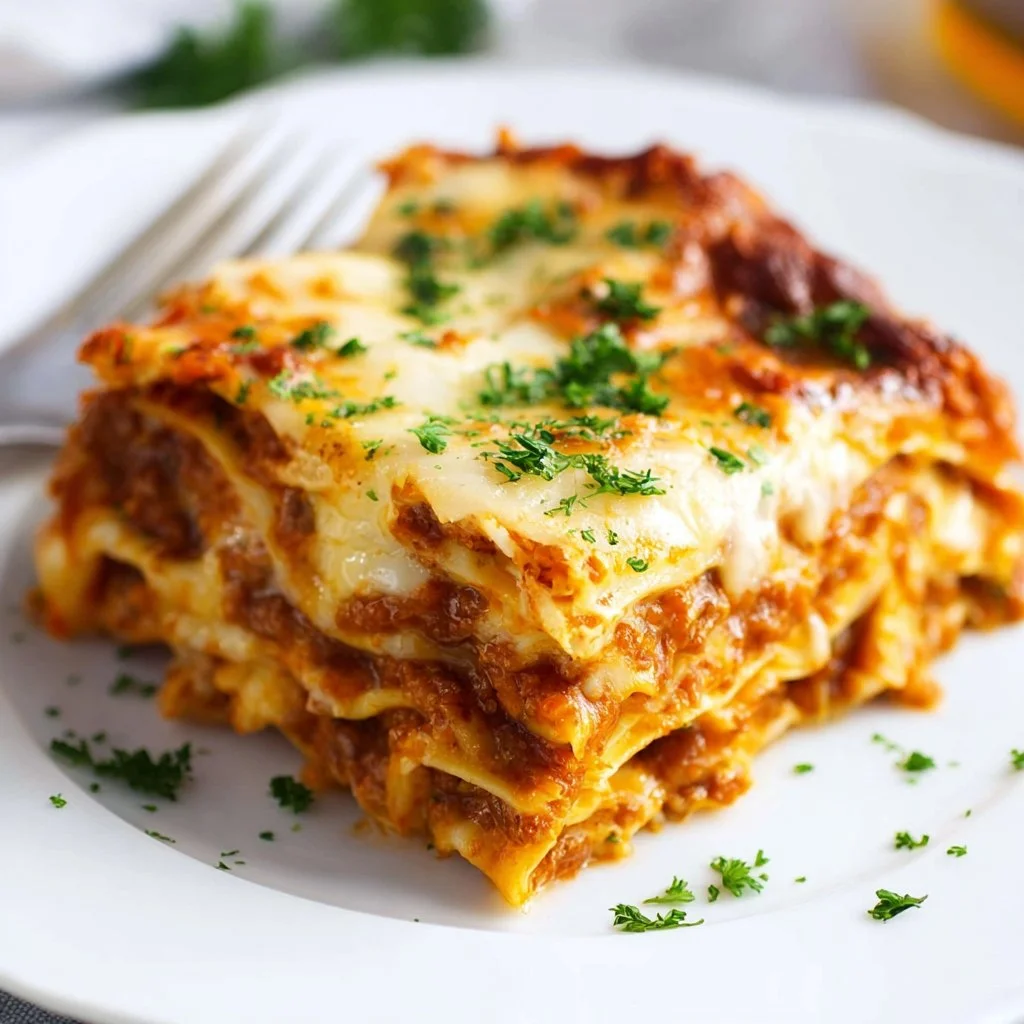 Delicious easy lasagna recipe served on a plate with cheese and herbs.