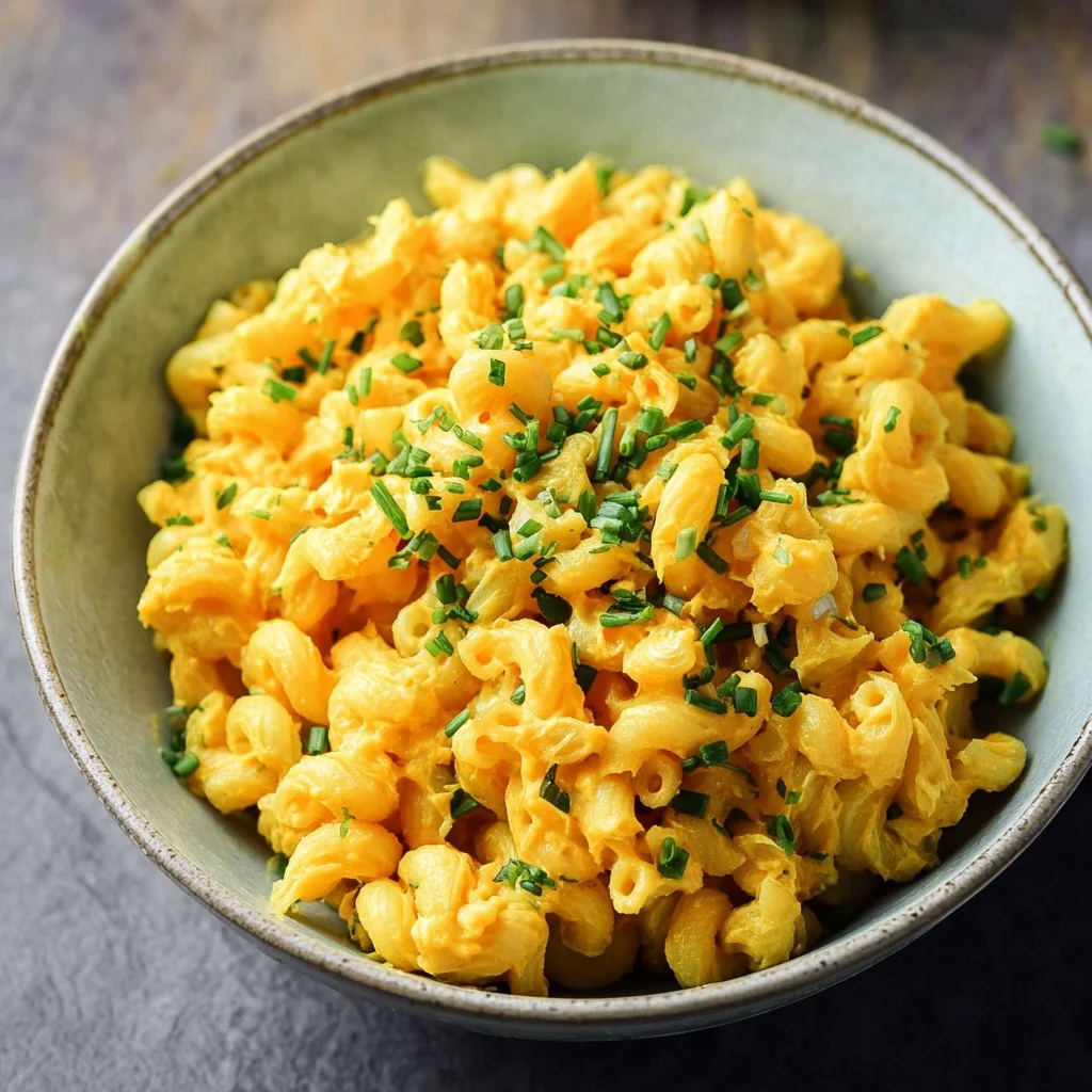 Delicious easy vegan curried pasta salad served in a bowl with colorful veggies.