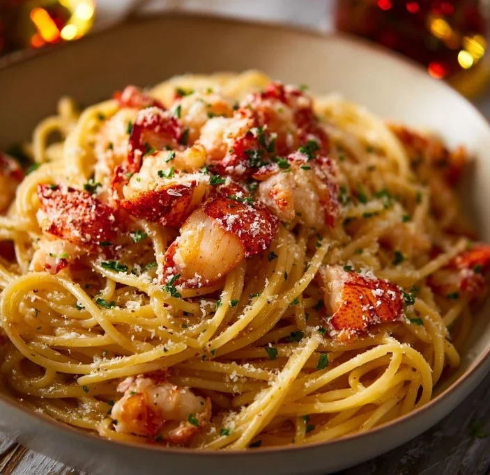 Delicious Garlic Butter Lobster Pasta garnished with parsley in a white bowl