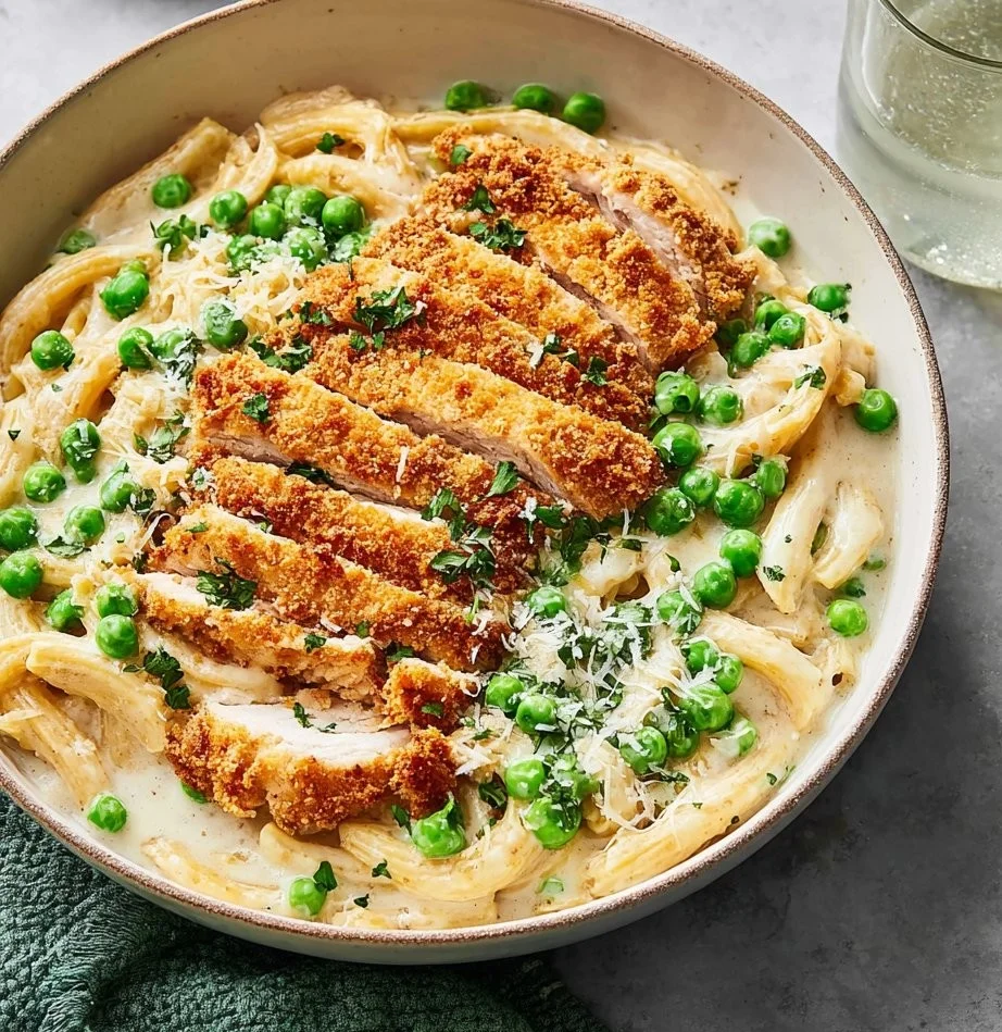 Gluten-free Chicken Milanese served with homemade Alfredo sauce.