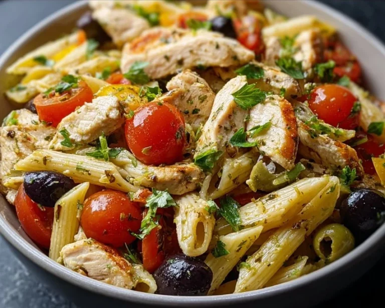 Mediterranean chicken pasta salad with colorful vegetables and dressing