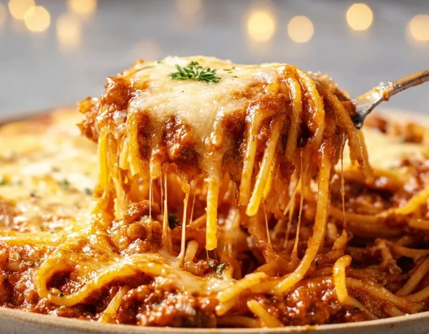 Million Dollar Spaghetti served with cheese and herbs on a plate