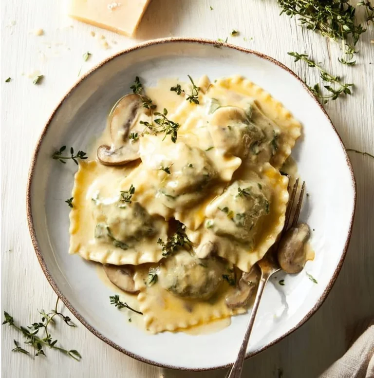 Mushroom ravioli served in Parmesan cream sauce garnished with herbs.