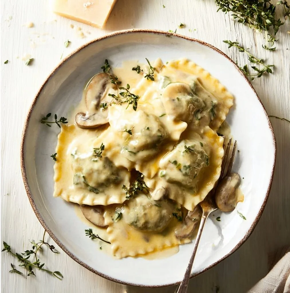 Mushroom ravioli served in Parmesan cream sauce garnished with herbs.
