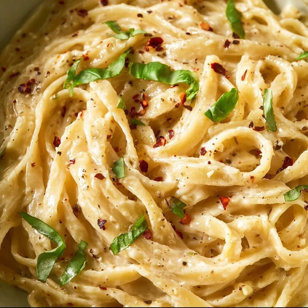 One pot creamy garlic pasta served in a bowl, garnished with parsley.