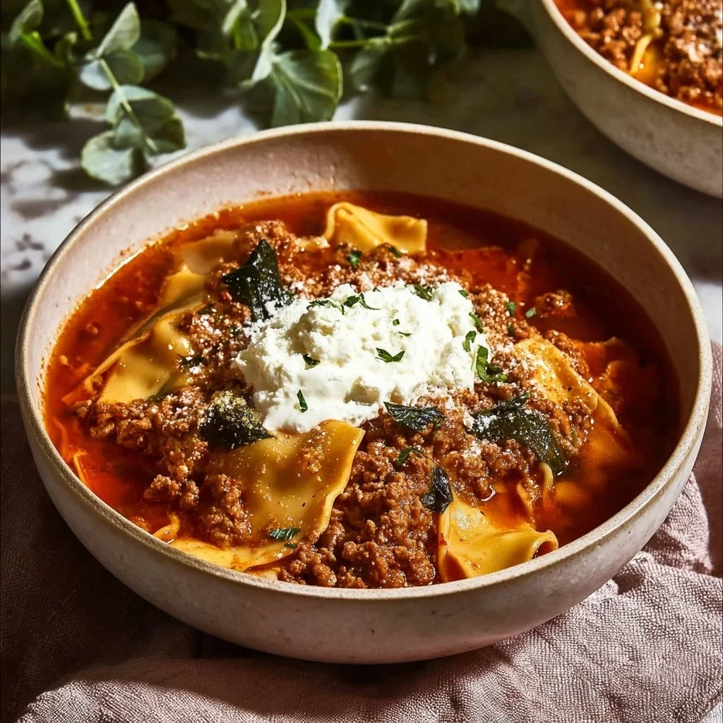 Delicious One Pot Lasagna Soup in a bowl with cheese and herbs