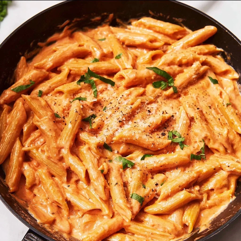 Delicious Pink Sauce Pasta garnished with herbs in a white bowl