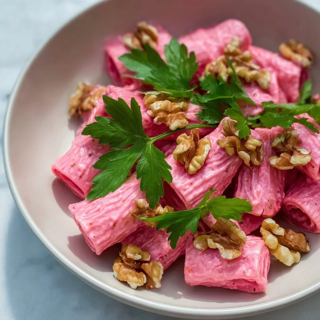 Quick Valentine's Day pink pasta served with fresh herbs in a romantic setting