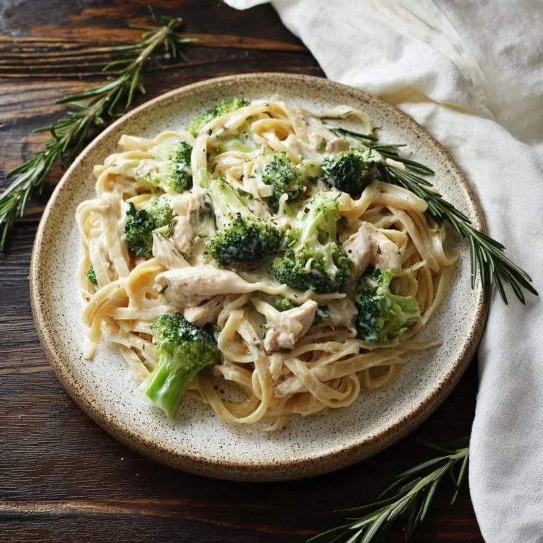Creamy rotisserie chicken broccoli alfredo pasta served in a bowl