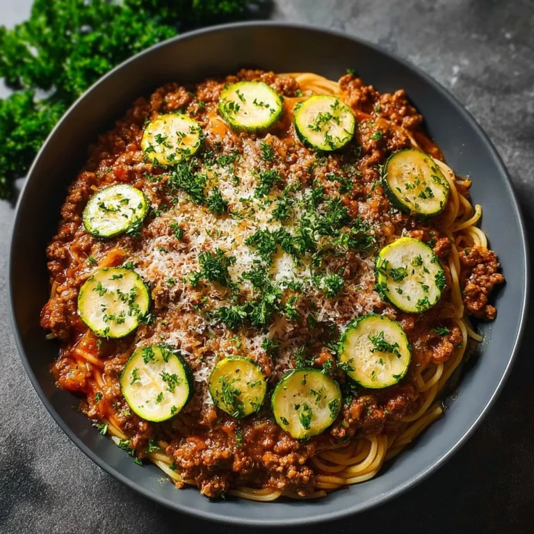 Plate of spaghetti topped with homemade meat sauce garnished with basil.