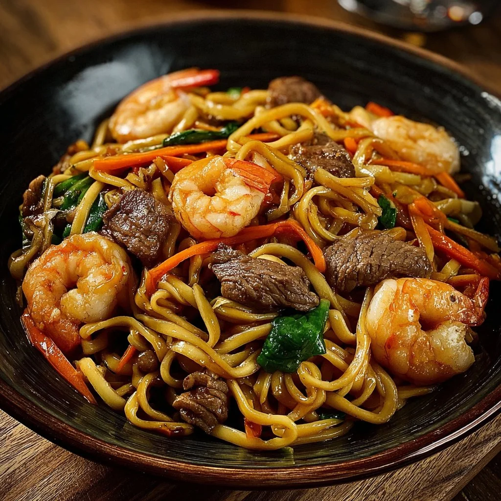 Delicious steak and shrimp stir-fried noodles served with fresh vegetables.