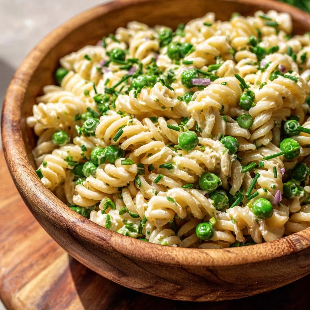 Colorful vegan pasta salad with fresh vegetables and herbs in a bowl
