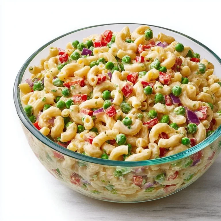 Bowl of ultimate vegan macaroni salad with colorful vegetables and dressing