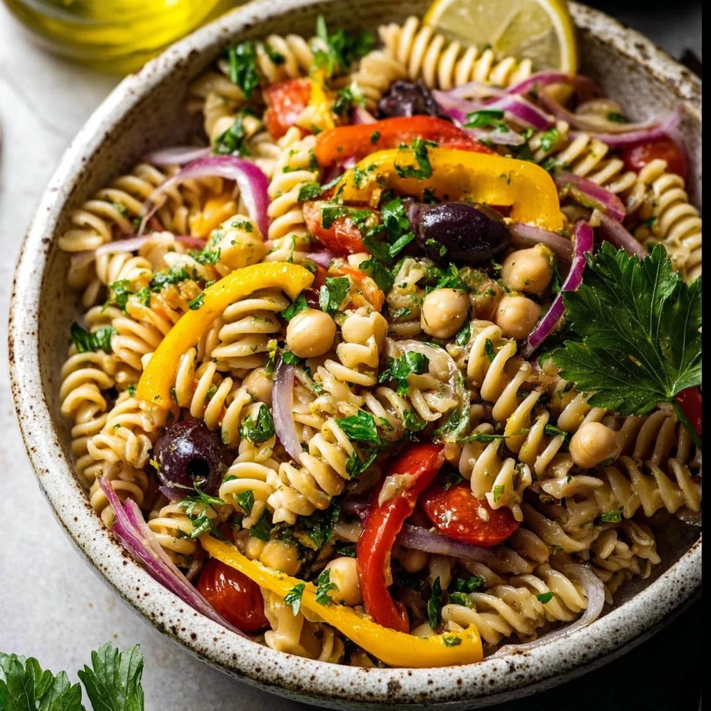 A vibrant bowl of ultimate vegan pasta salad featuring colorful vegetables and herbs.