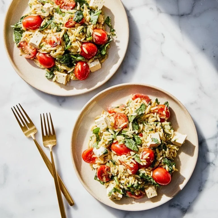 Vegan Caprese Salad with Orzo featuring fresh tomatoes, basil, and vegan mozzarella
