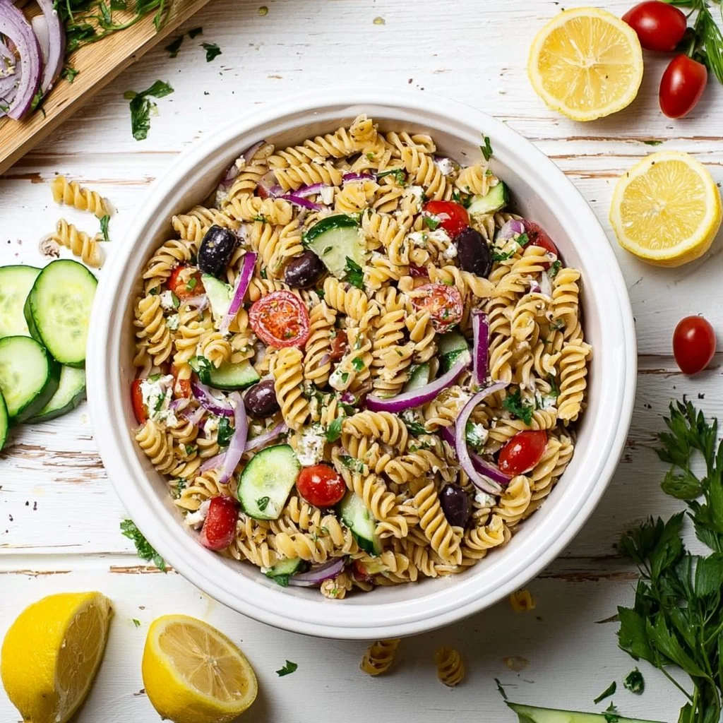 Vegan Greek Pasta Salad with fresh vegetables, olives, and dressing
