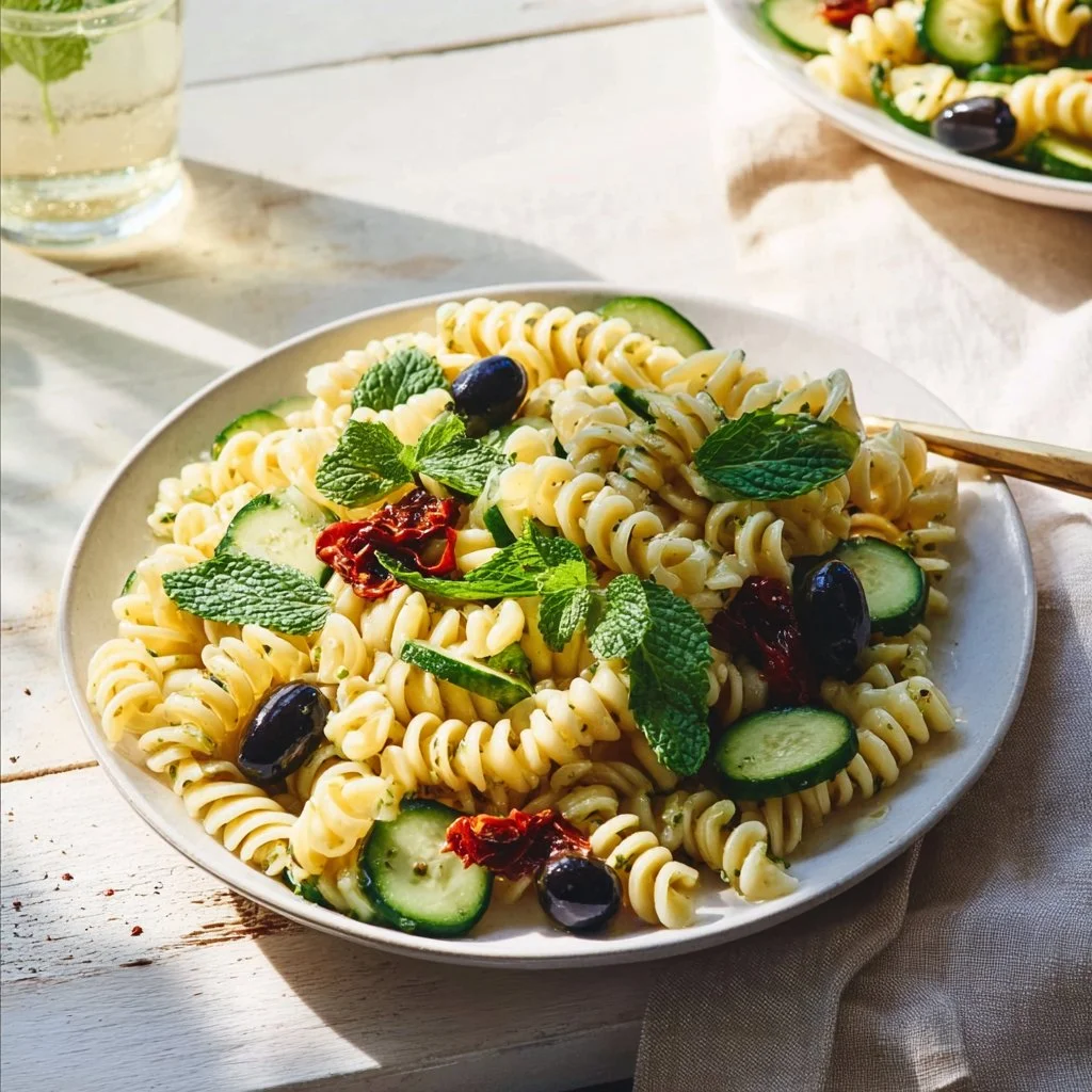 Colorful Vegan Mediterranean Pasta Salad with fresh vegetables and herbs