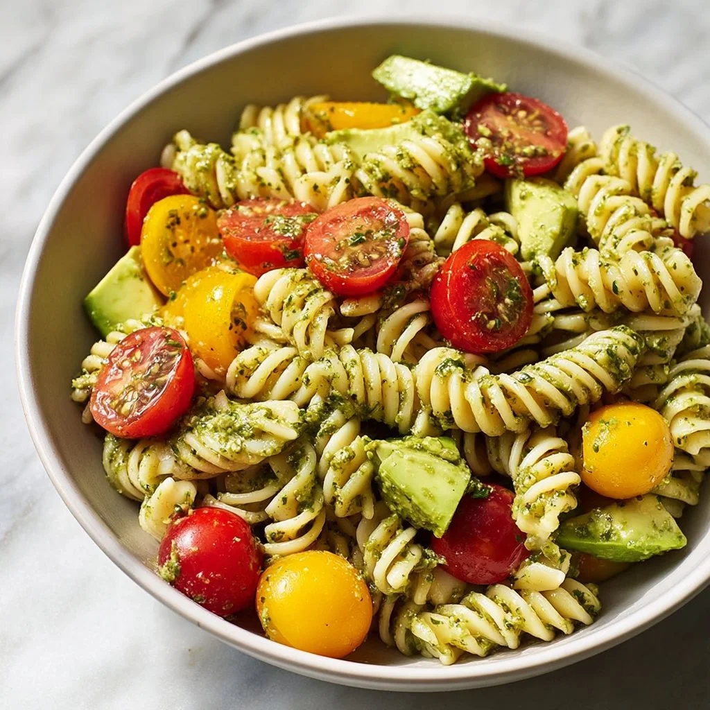 Vegan Pasta Salad with Avocado, fresh vegetables, and colorful ingredients