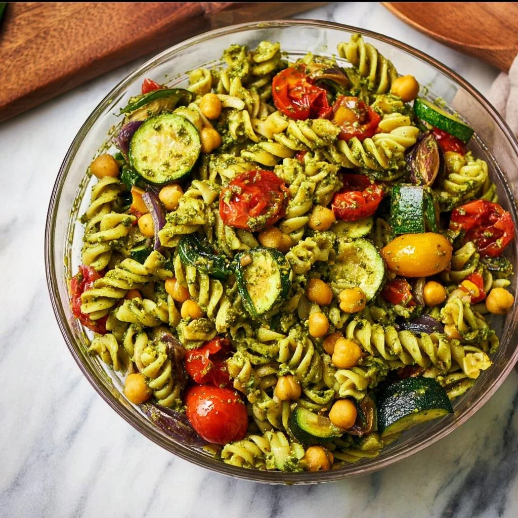 Vegan Pesto Pasta with colorful roasted vegetables on a plate.