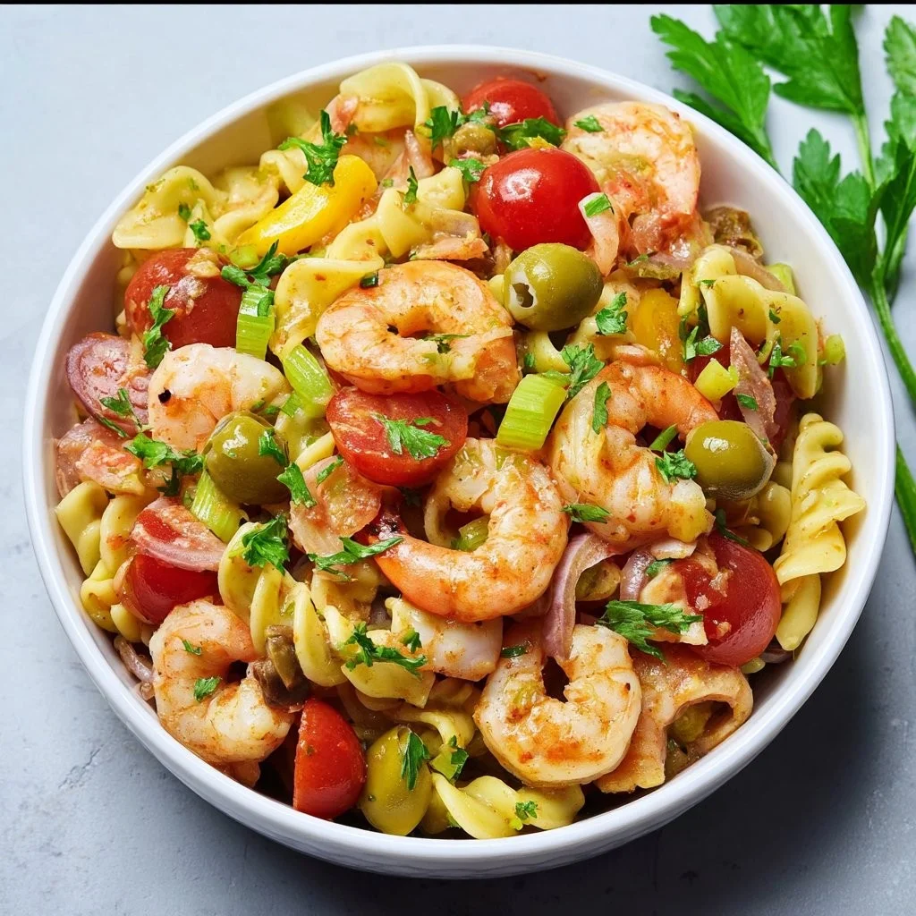 Bloody Mary Shrimp Pasta Salad with colorful ingredients