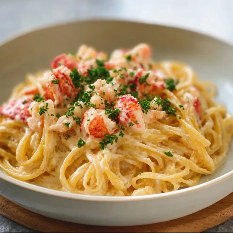 Creamy Buttered Lobster Pasta topped with herbs and lemon.