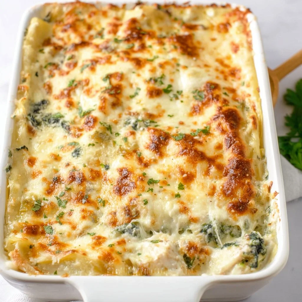 Chicken Alfredo Lasagna with creamy sauce and melted cheese