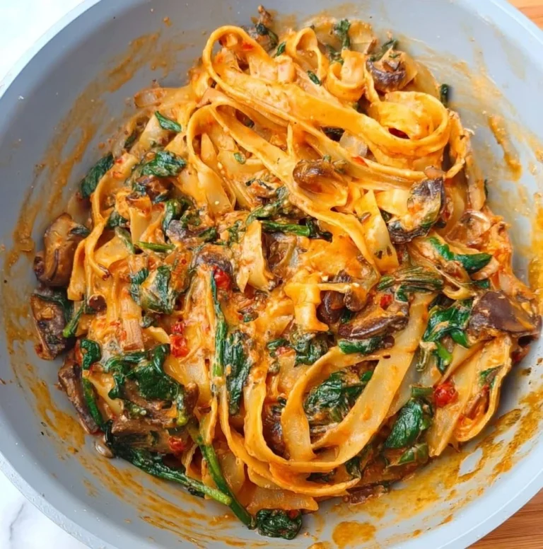 Creamy spinach mushroom pasta cooked in one pan for easy dining.