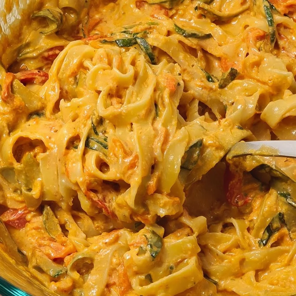 Creamy roasted veggie pasta with colorful roasted vegetables.