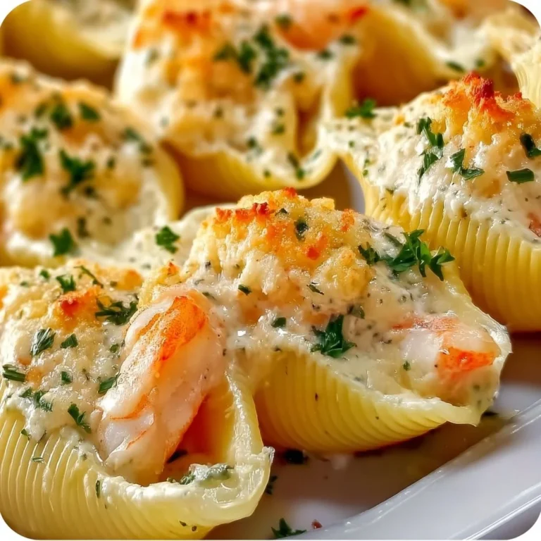 Creamy seafood stuffed shells filled with shrimp and cheese, garnished with herbs.