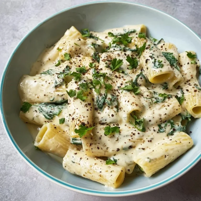 Creamy spinach rigatoni served in a bowl with a sprinkle of parmesan cheese.