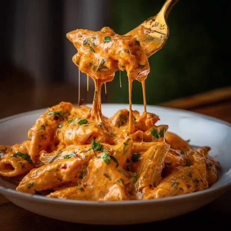 Creamy tomato garlic pasta dish garnished with fresh basil