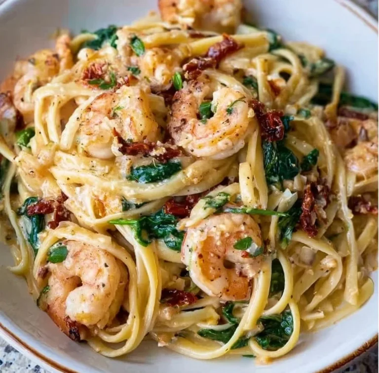 Creamy Tuscan shrimp linguine with fresh herbs and garlic in a bowl