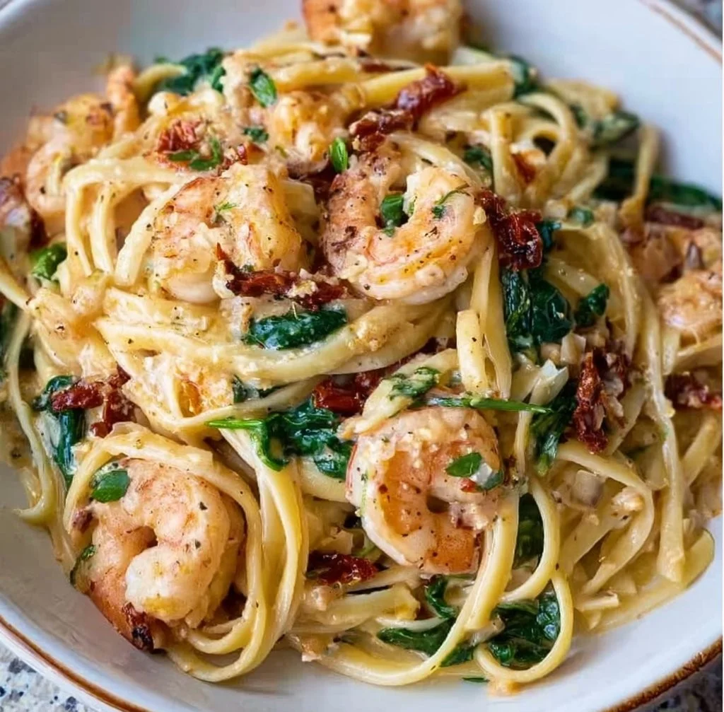 Creamy Tuscan shrimp linguine with fresh herbs and garlic in a bowl