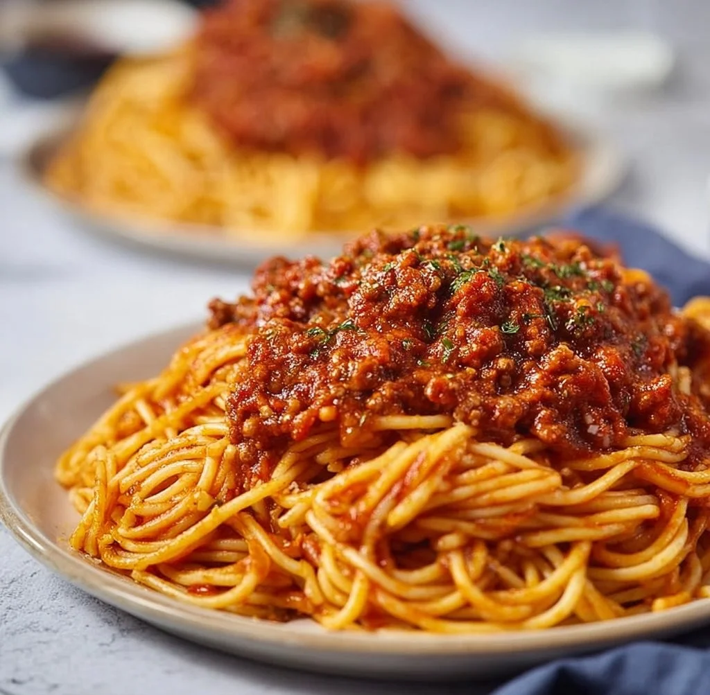 Plate of easy Chicago-style spaghetti with rich marinara sauce and herbs.