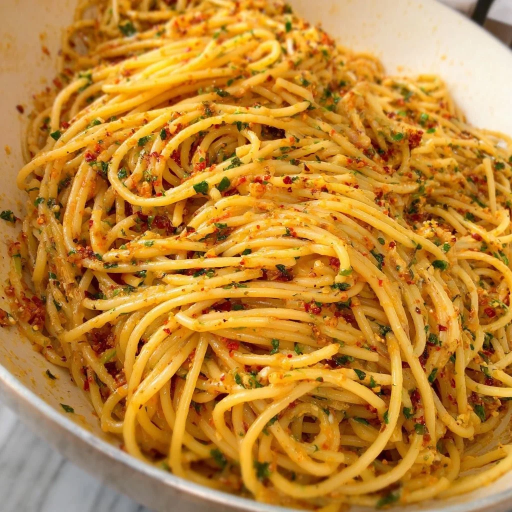 A plate of garlic butter pasta garnished with parsley and grated cheese