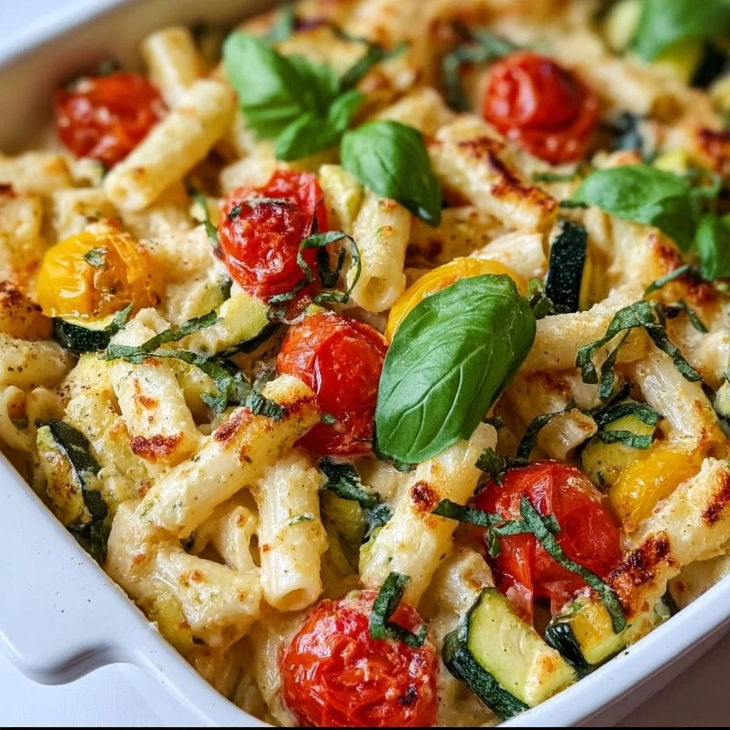 Healthy baked feta pasta with vegetables served in a bowl