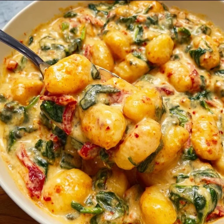 One pan creamy tomato spinach gnocchi dish in a skillet