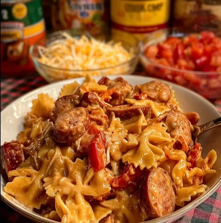 Delicious one pot creamy Cajun sausage pasta garnished with parsley.