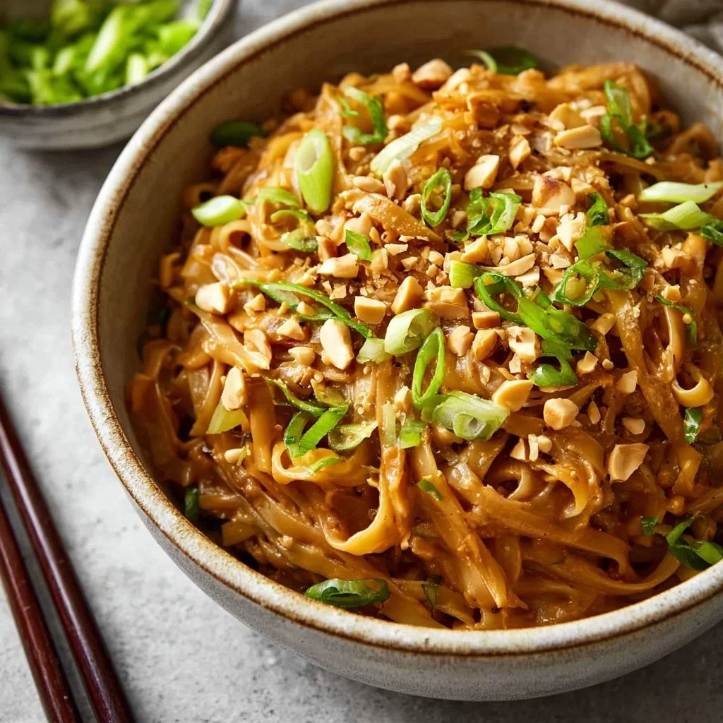 Delicious spicy peanut butter noodles garnished with green onions.